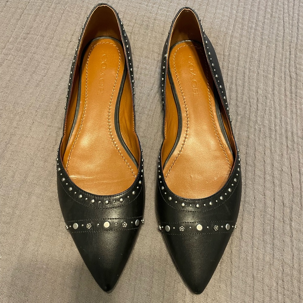Coach Valintina Flats With Studs in Black Leather Pointed Toe Size 10